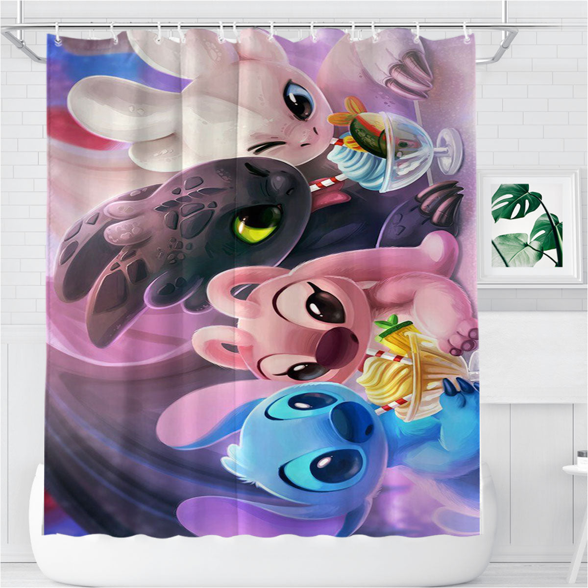 Night Fury Light Fury Stitch Angel Cute Lovely Bathroom Shower Curtain Fabric Waterproof | 66 X 72 Inch