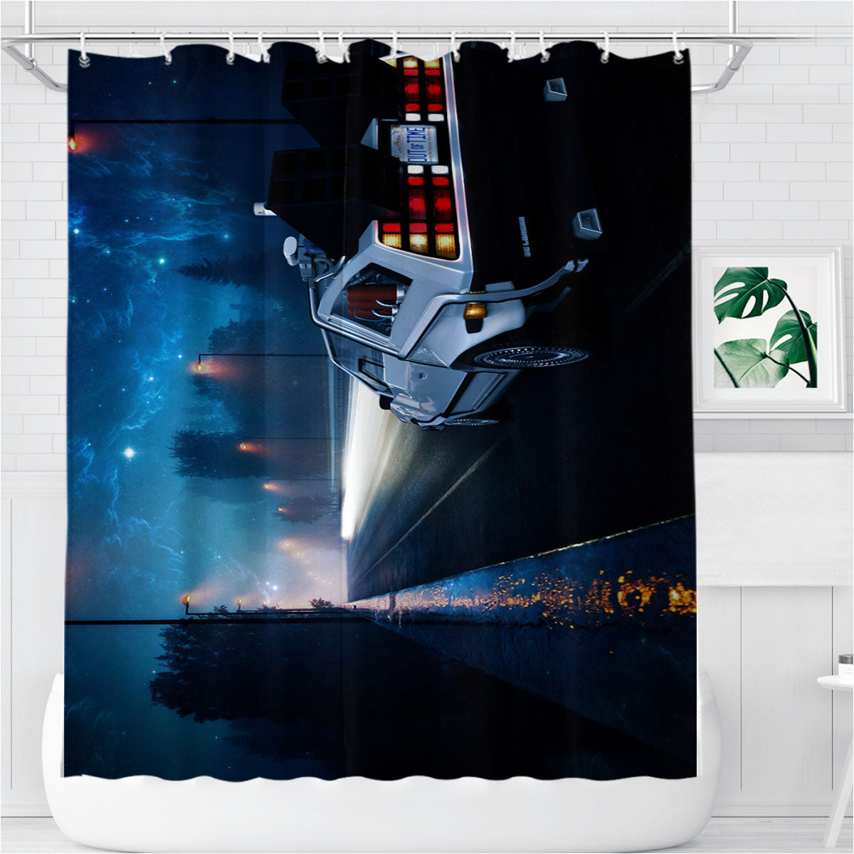 Night On Time Machine Back To The Future Car Bathroom Shower Curtain Fabric Waterproof | 66 X 72 Inch