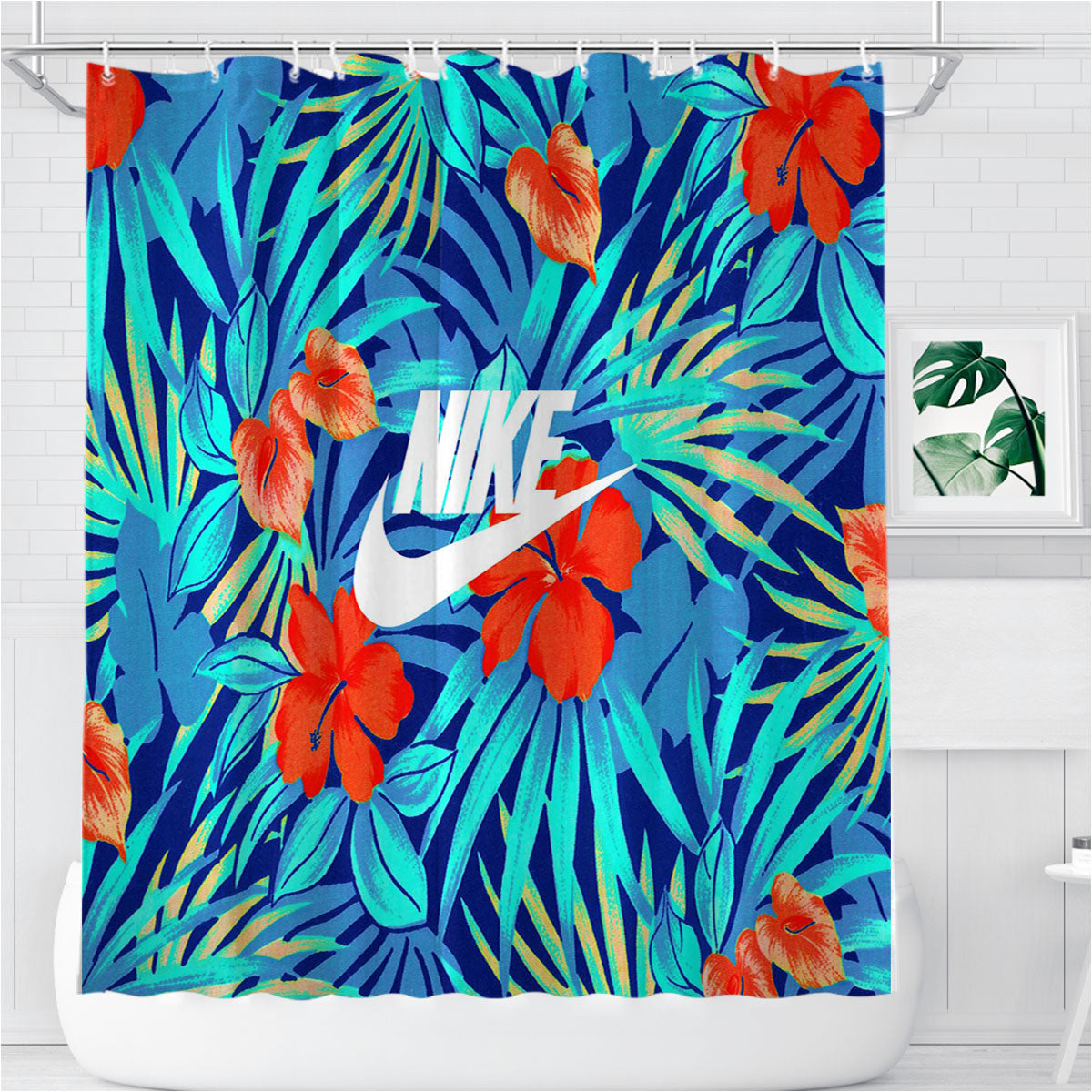 Nike Blue Flower Bathroom Shower Curtain Fabric Waterproof | 66 X 72 Inch