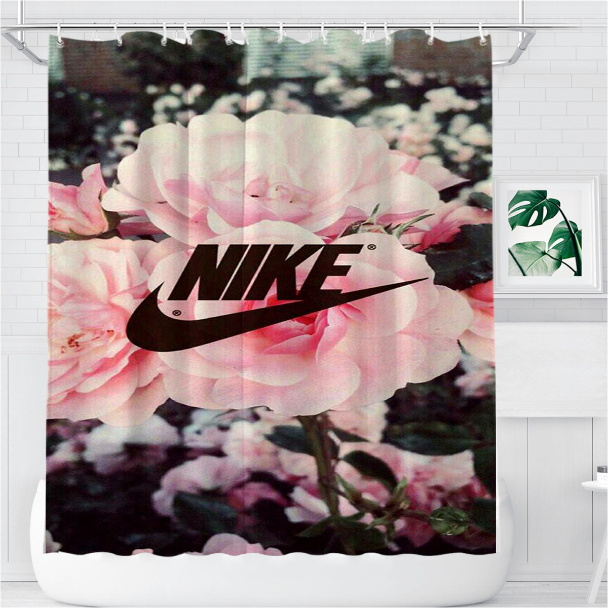 Nike Pink Rose Flower Bathroom Shower Curtain Fabric Waterproof | 66 X 72 Inch