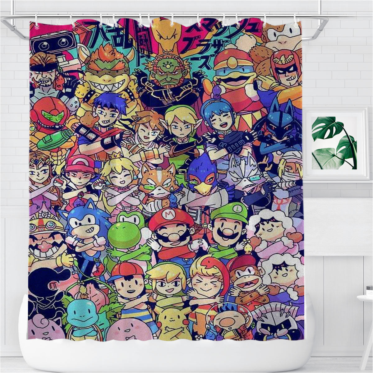 Nintendo All Game Crossover Bathroom Shower Curtain Fabric Waterproof | 66 X 72 Inch