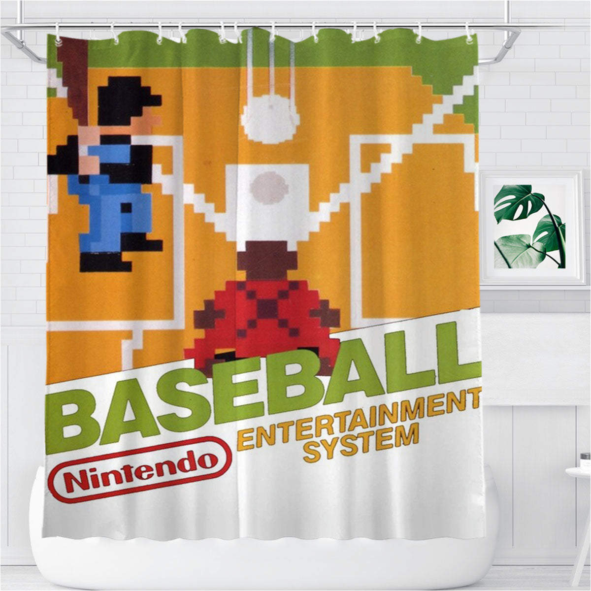 Nintendo Old Baseball Game Bathroom Shower Curtain Fabric Waterproof | 66 X 72 Inch