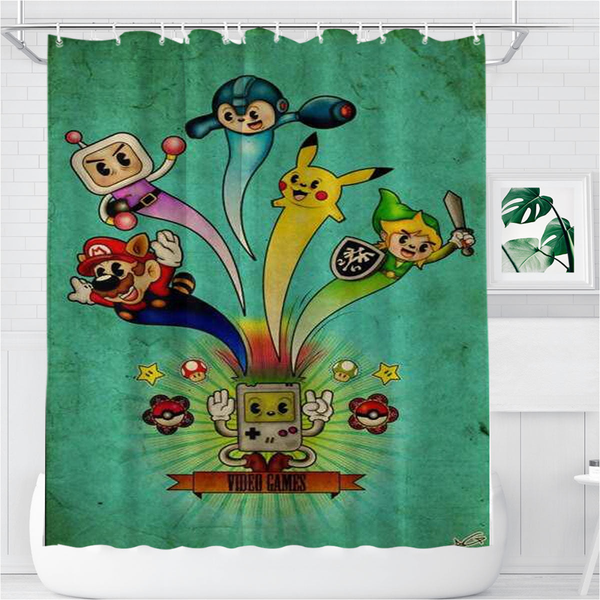 Nintendo Video Game Art Bathroom Shower Curtain Fabric Waterproof | 66 X 72 Inch