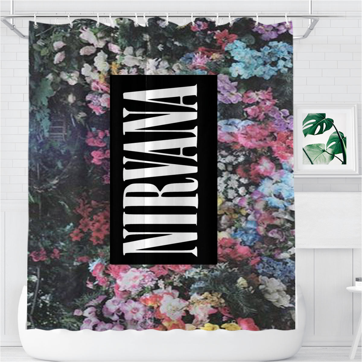 Nirvana On Floral Art, Kurt Cobain, Dave Grohl Bathroom Shower Curtain Fabric Waterproof | 66 X 72 Inch