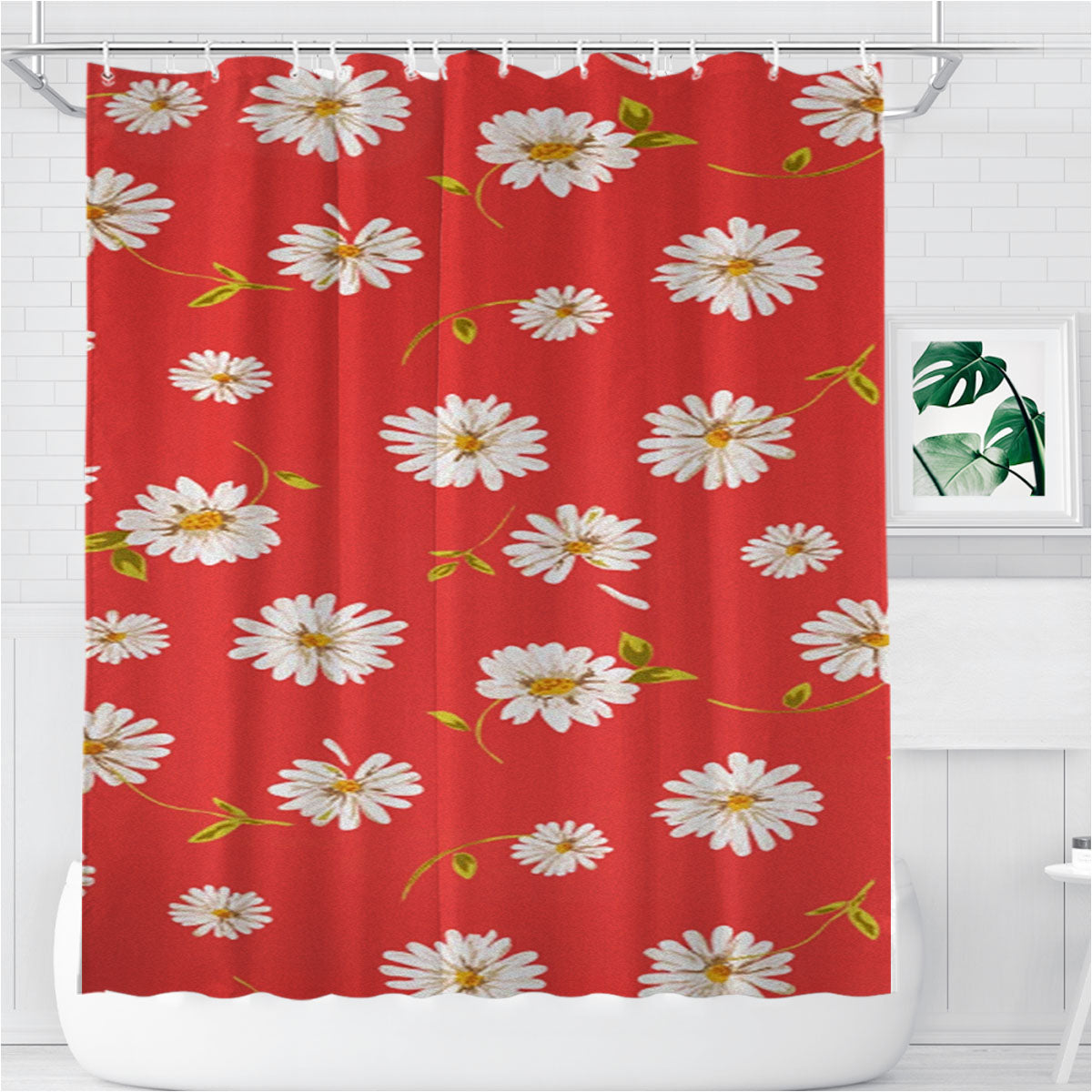 Noise Daisy Daydream Red Coral Floral Bathroom Shower Curtain Fabric Waterproof | 66 X 72 Inch