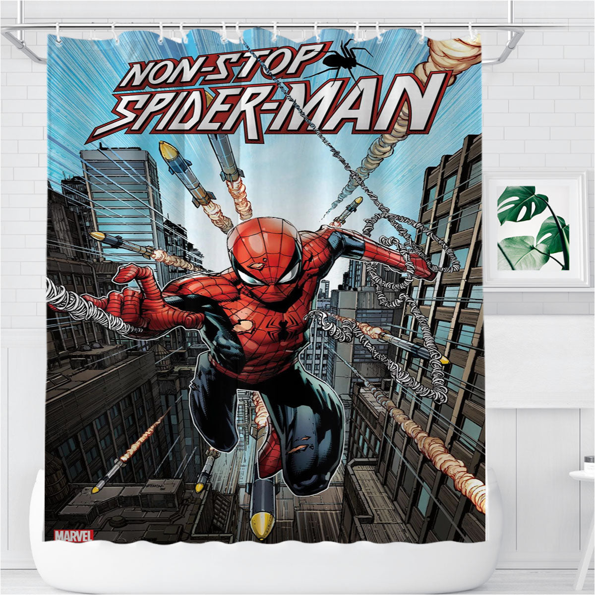 Non Stop Spiderman Bathroom Shower Curtain Fabric Waterproof | 66 X 72 Inch