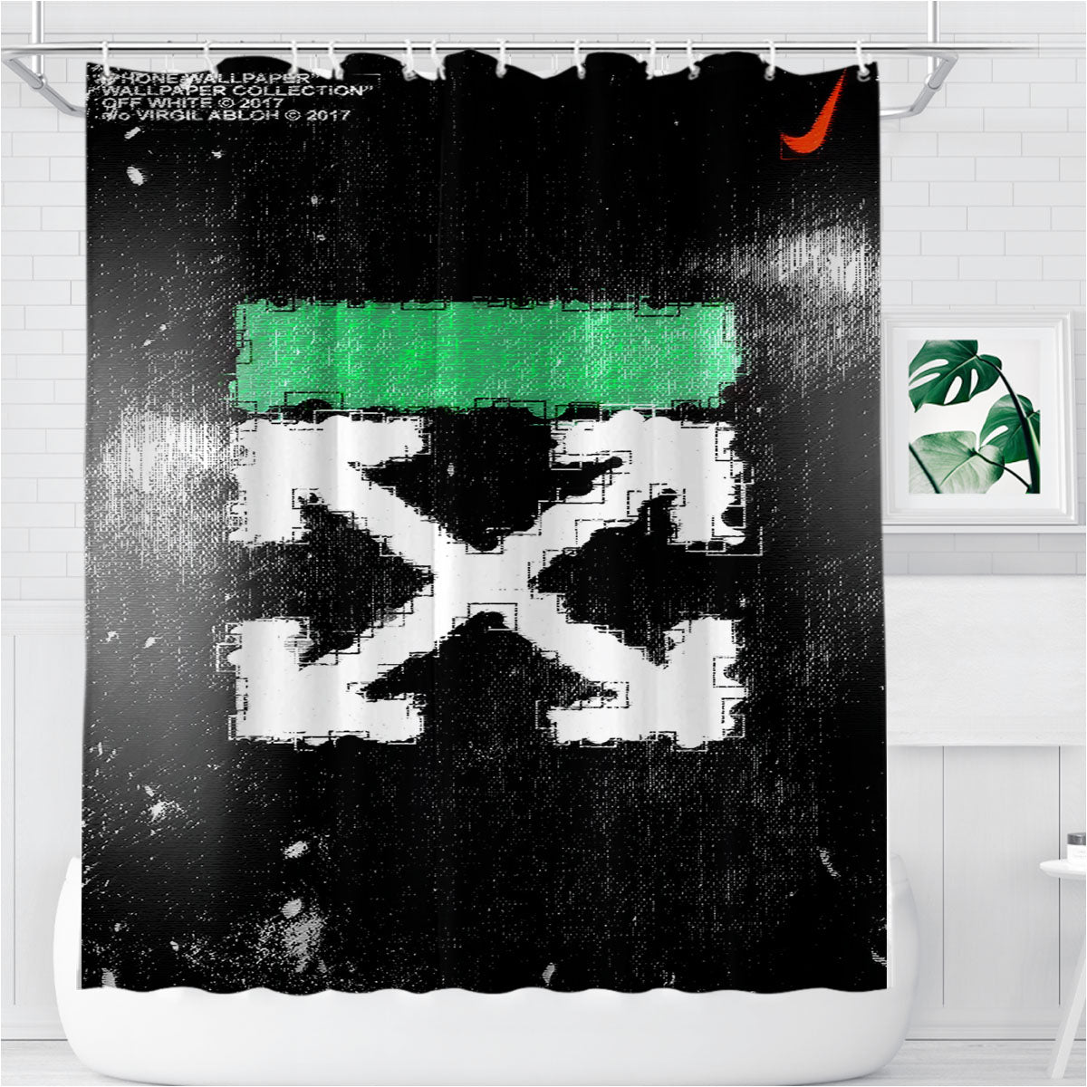 Off White Ice Glass Green Bathroom Shower Curtain Fabric Waterproof | 66 X 72 Inch