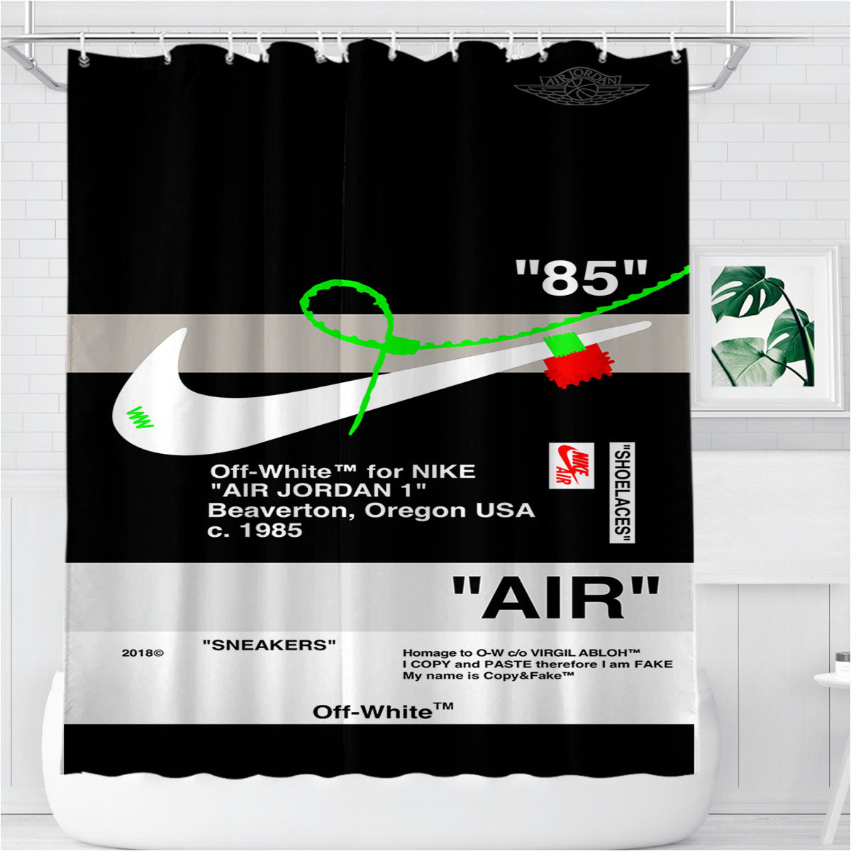 Off White Nike Air Black Bathroom Shower Curtain Fabric Waterproof | 66 X 72 Inch