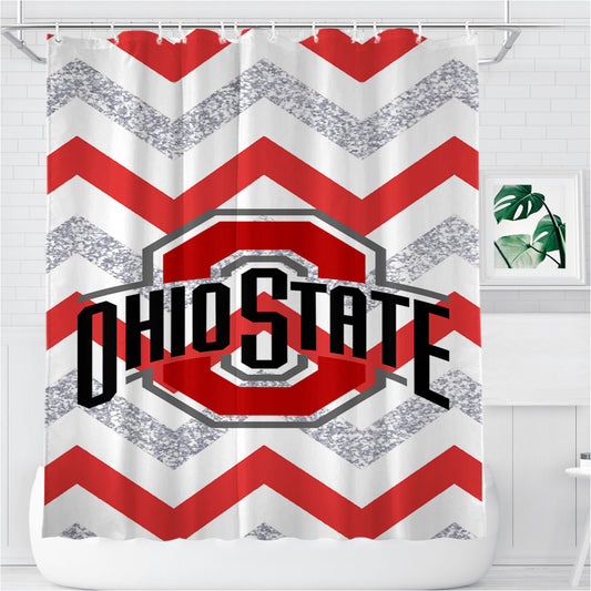 Ohio State Osu Red White Glitter Logo Bathroom Shower Curtain Fabric Waterproof | 66 X 72 Inch