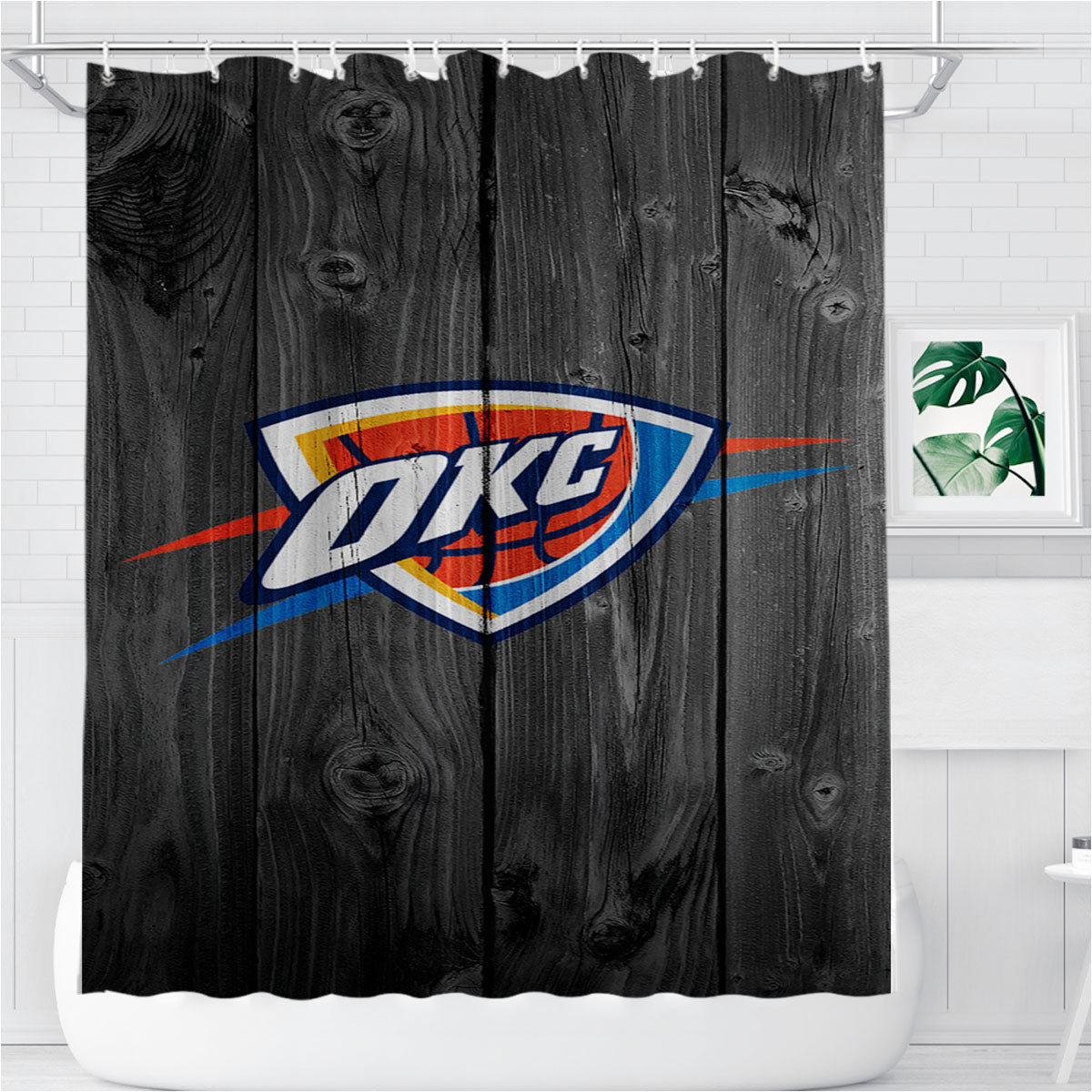 Oklahoma City Thunder Nba Logo Dark Wood Wallpaper Bathroom Shower Curtain Fabric Waterproof | 66 X 72 Inch
