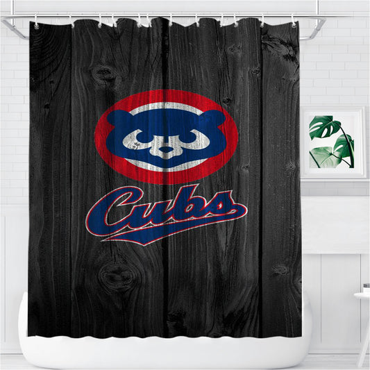 Personalized Old Chicago Cubs Bear Mlb Logo Dark Wood Shower Curtain Farmhouse Bathroom Decor
