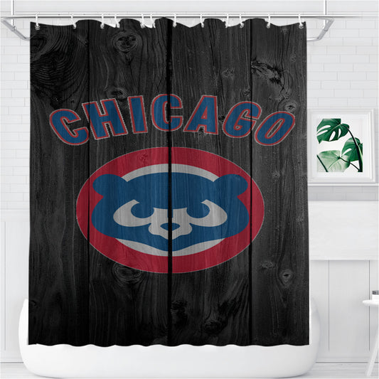 Personalized Old Chicago Cubs Mlb Logo Dark Wood Wallpaper Shower Curtain Farmhouse Bathroom Decor