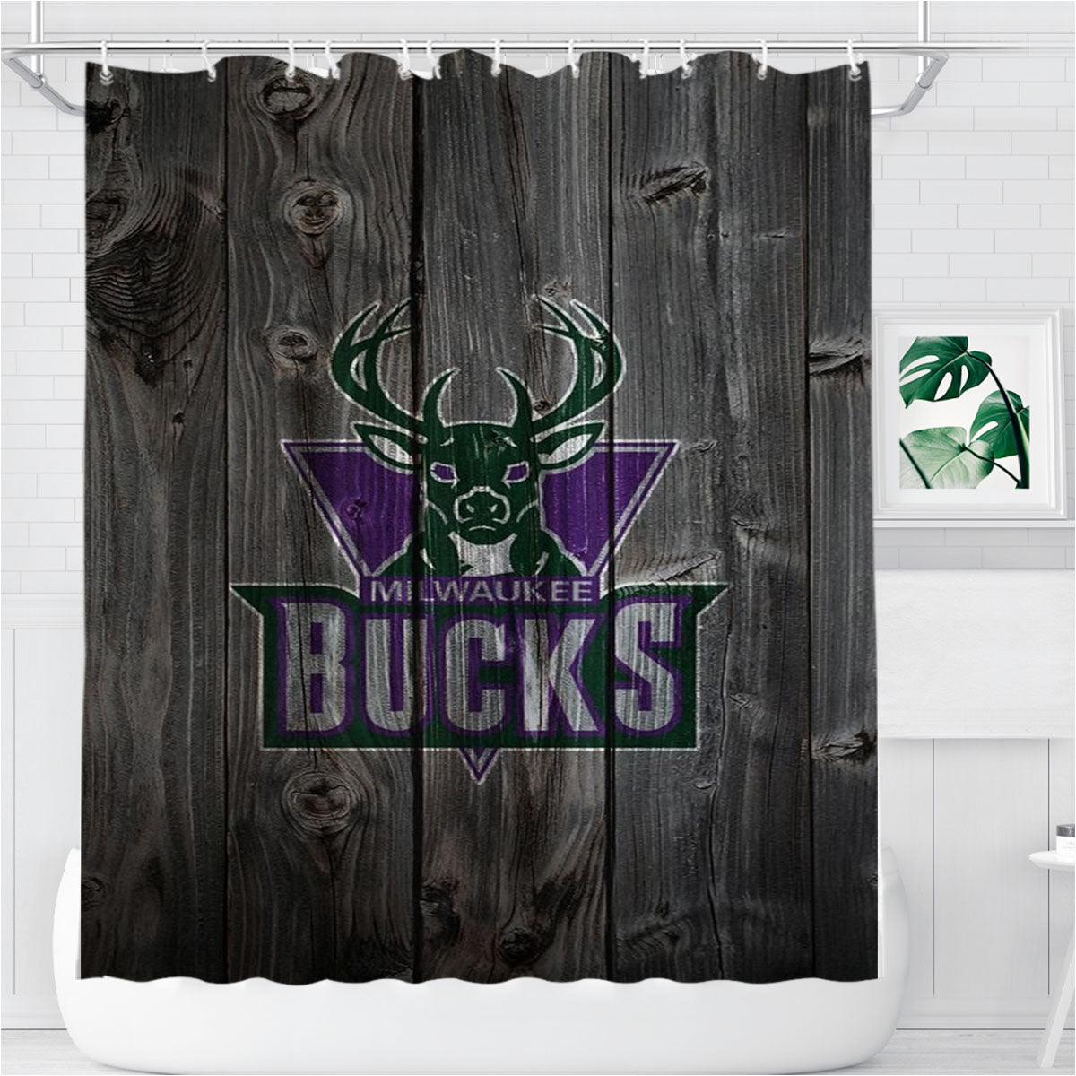 Old Milwaukee Bucks Nba Logo Dark Wood Wallpaper Bathroom Shower Curtain Fabric Waterproof | 66 X 72 Inch