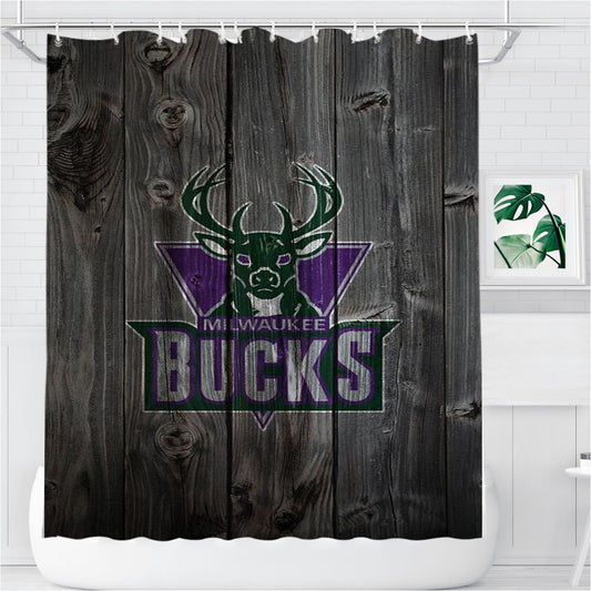 Personalized Old Milwaukee Bucks Nba Logo Dark Wood Wallpaper Shower Curtain Farmhouse Bathroom Decor