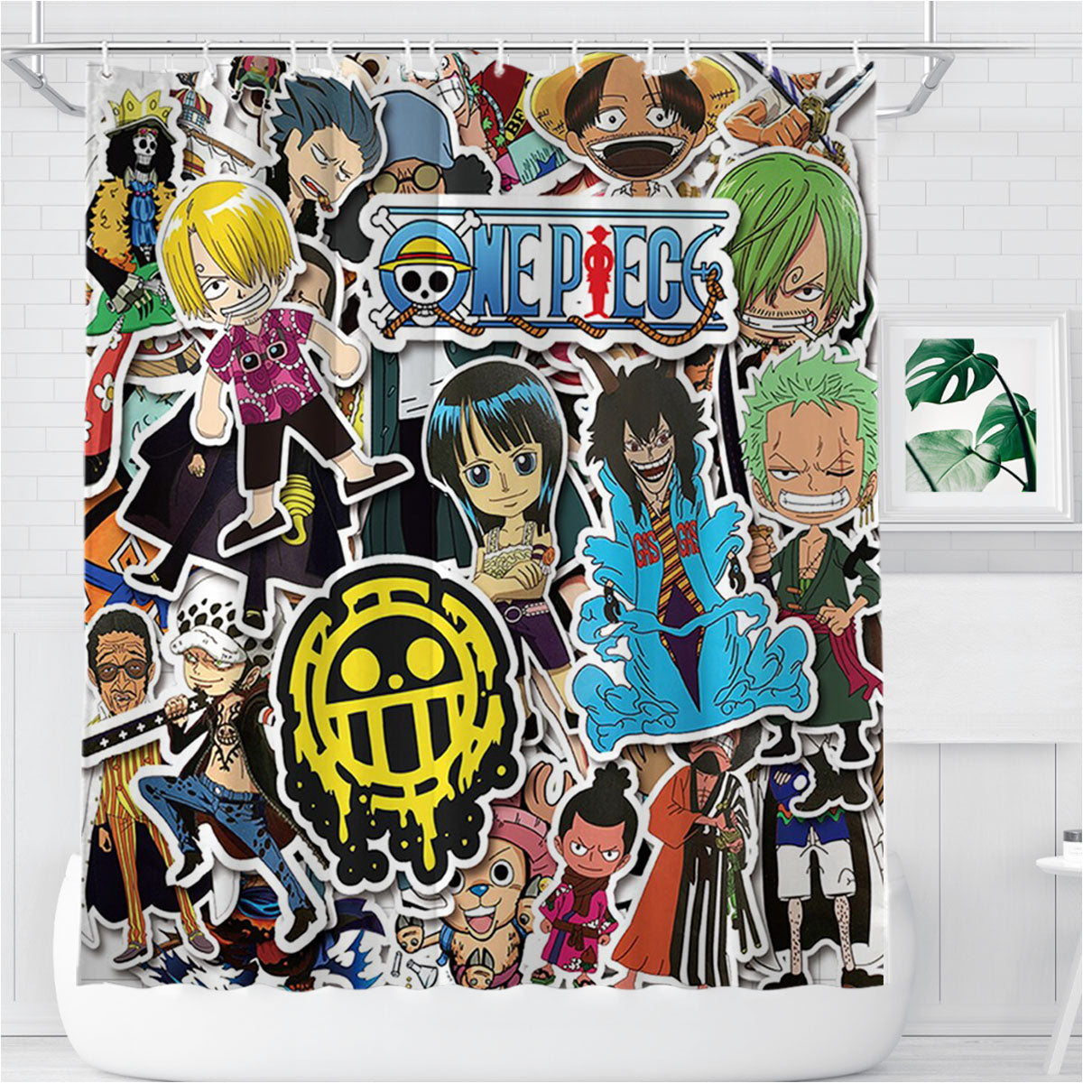 One Piece Anime All Characters Title Sticker Bathroom Shower Curtain Fabric Waterproof | 66 X 72 Inch