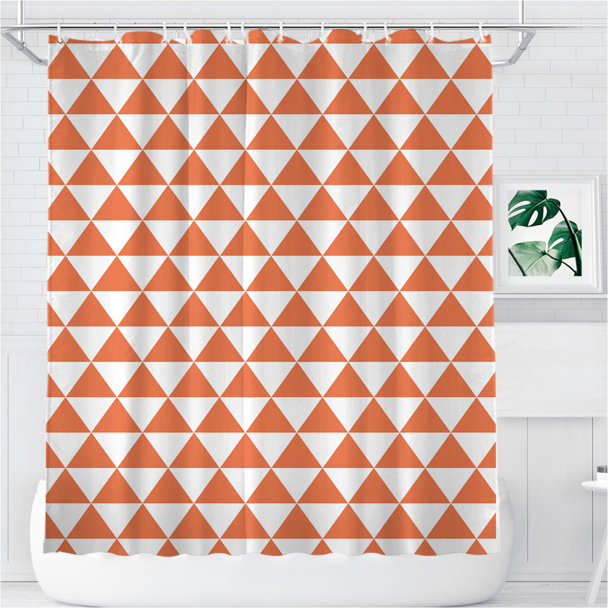 Orange And White Triangle Shape Pattern Geometric Bathroom Shower Curtain Fabric Waterproof | 66 X 72 Inch