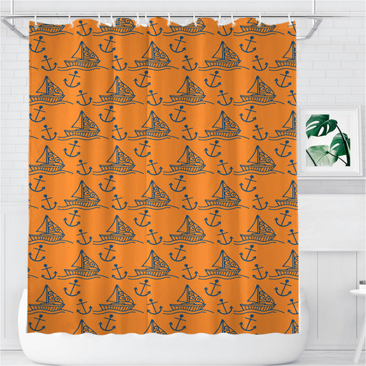 Orange Blue Sailor Ship Pattern Bathroom Shower Curtain Fabric Waterproof | 66 X 72 Inch
