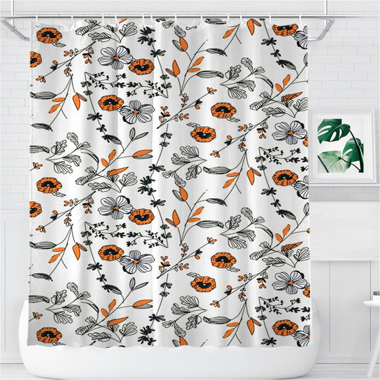 Orange Flower Pattern Bathroom Shower Curtain Fabric Waterproof | 66 X 72 Inch