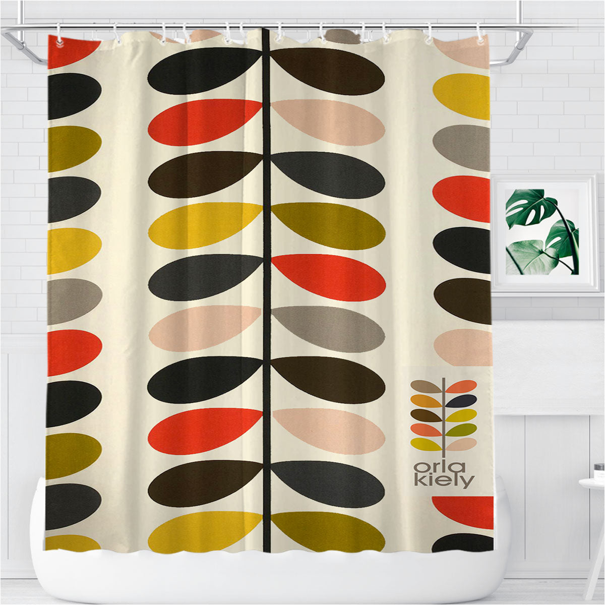 Orla Kiely Multi Optic Stem Colorful Bathroom Shower Curtain Fabric Waterproof | 66 X 72 Inch