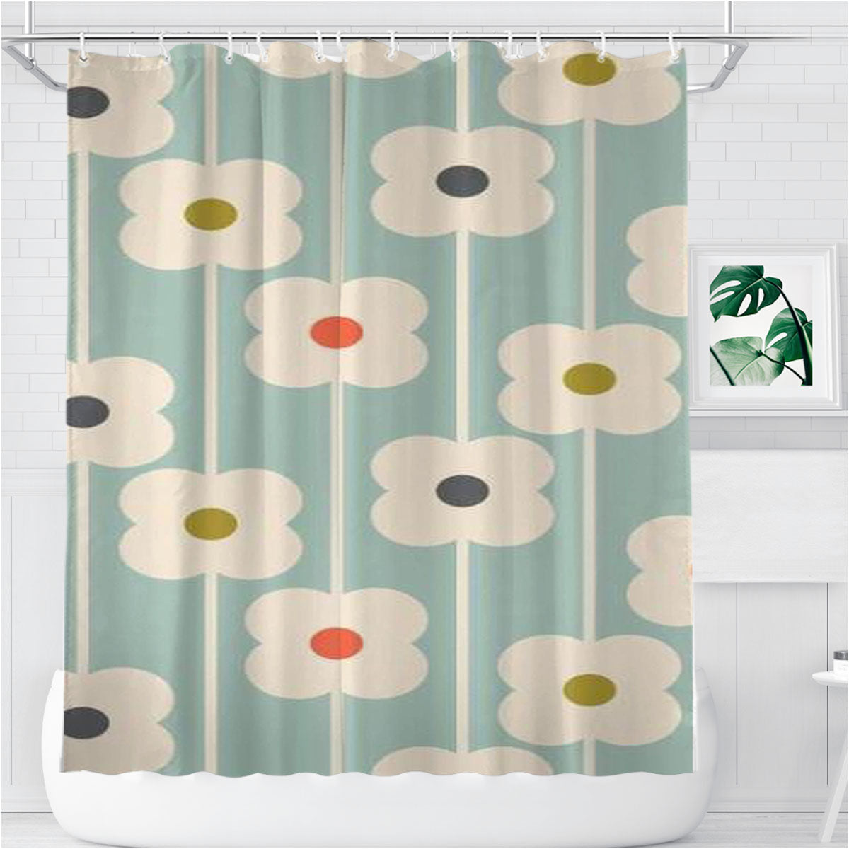 Orla Kiely Sripe Flower Pattern Bathroom Shower Curtain Fabric Waterproof | 66 X 72 Inch