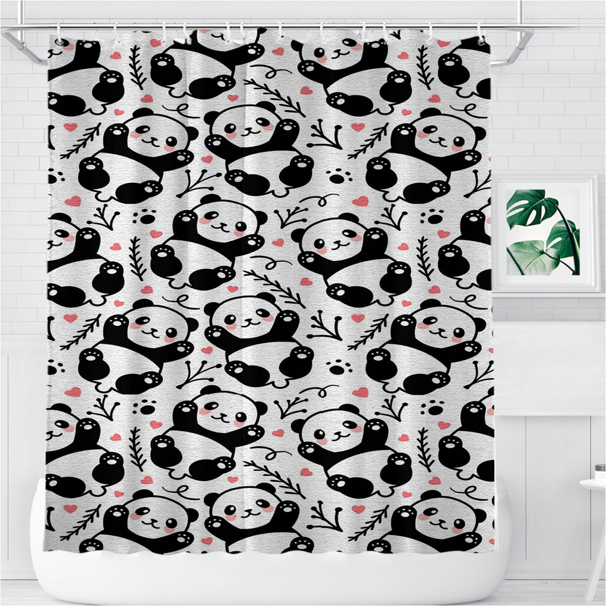Panda Love And Cute Pattern Bathroom Shower Curtain Fabric Waterproof | 66 X 72 Inch