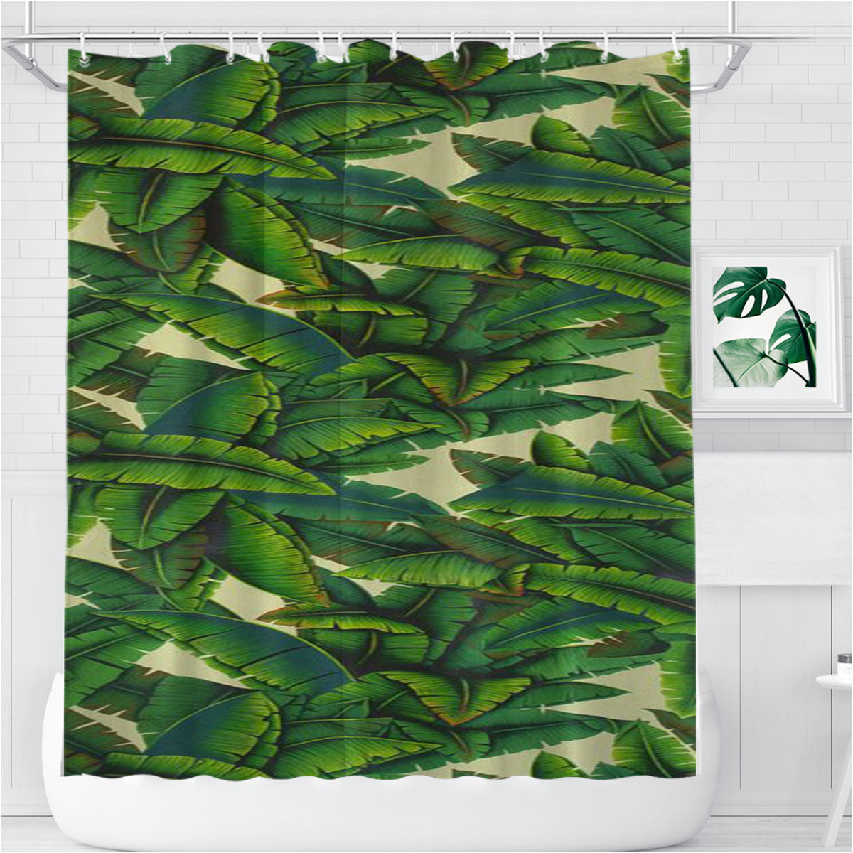 Pattern Green White Bathroom Shower Curtain Fabric Waterproof | 66 X 72 Inch