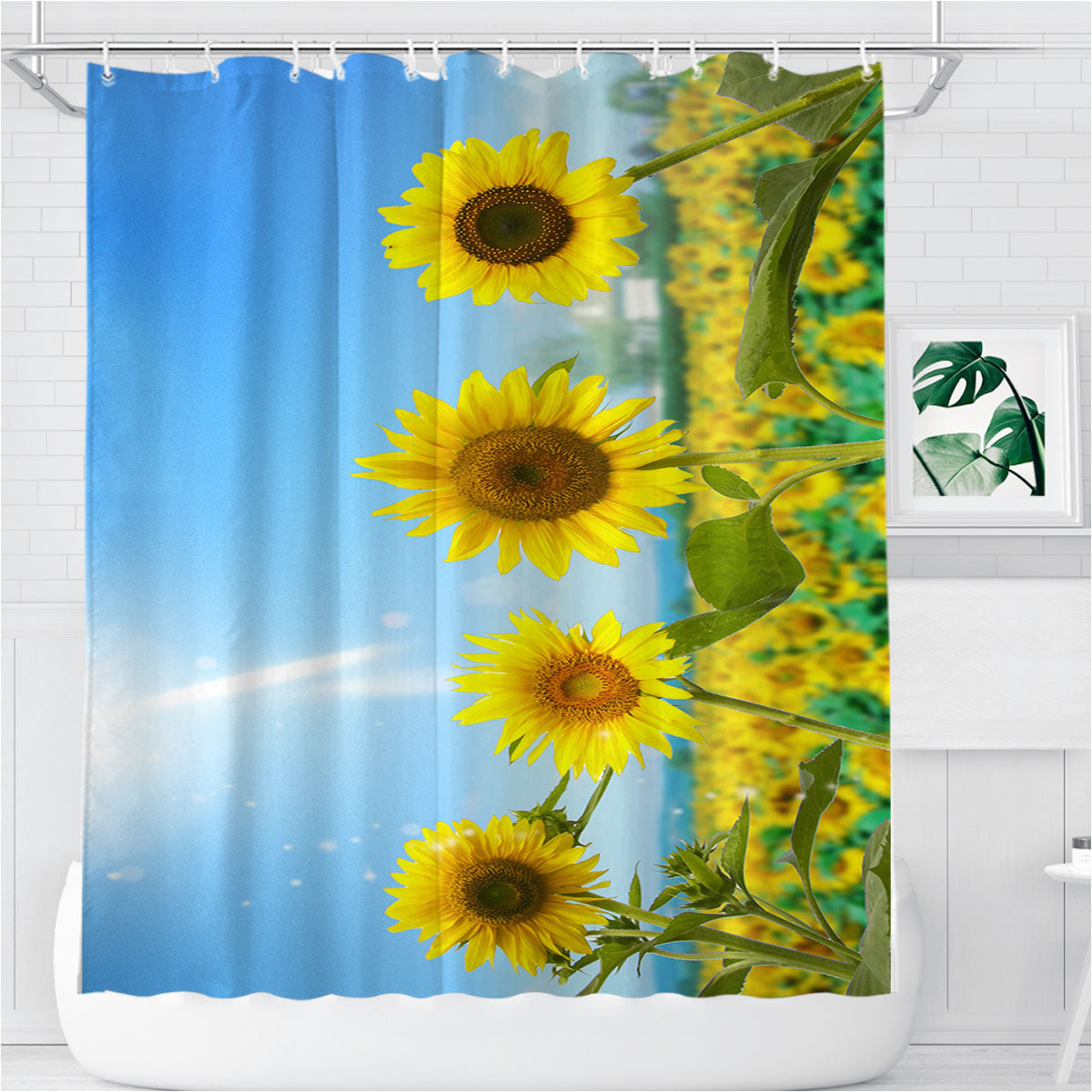 Pattern Sun Flower Bathroom Shower Curtain Fabric Waterproof | 66 X 72 Inch