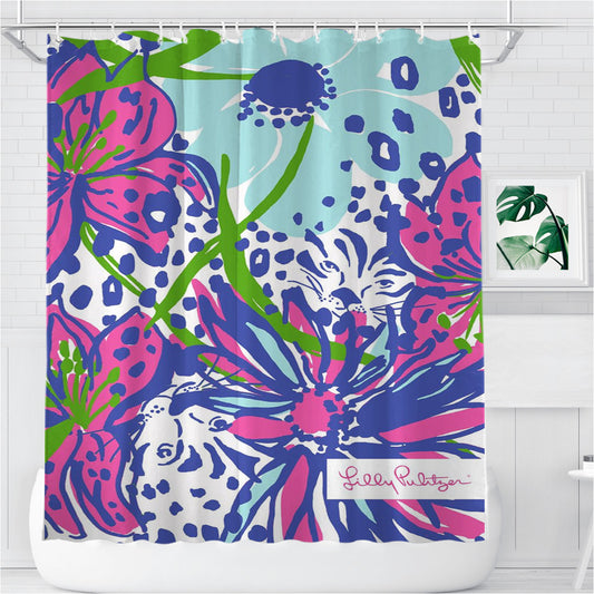 Pawsitive Cattitude Cat Print Lilly Pulitzer Bathroom Shower Curtain Fabric Waterproof | 66 X 72 Inch