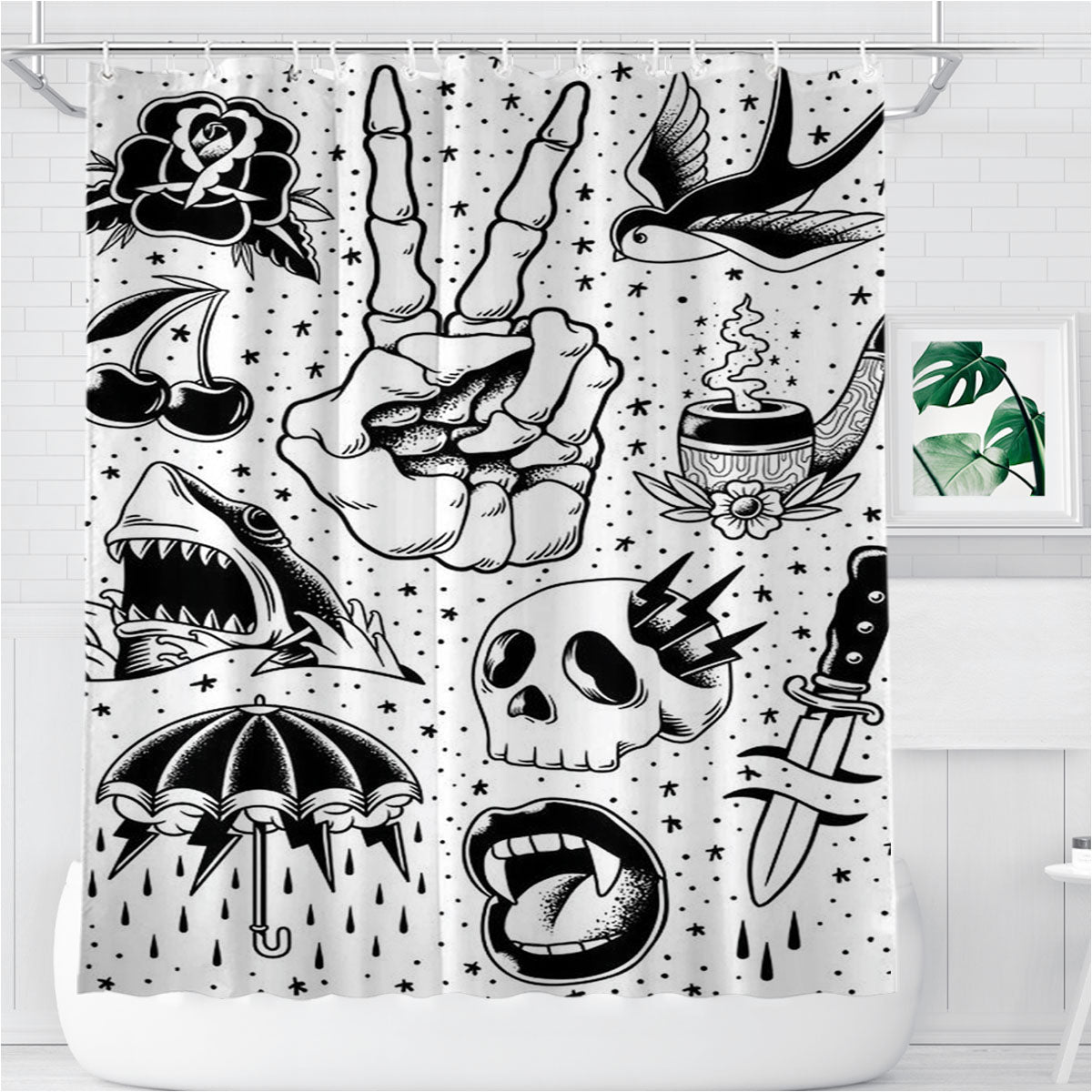 Peace Finger Bone Tattoo Pattern Bathroom Shower Curtain Fabric Waterproof | 66 X 72 Inch