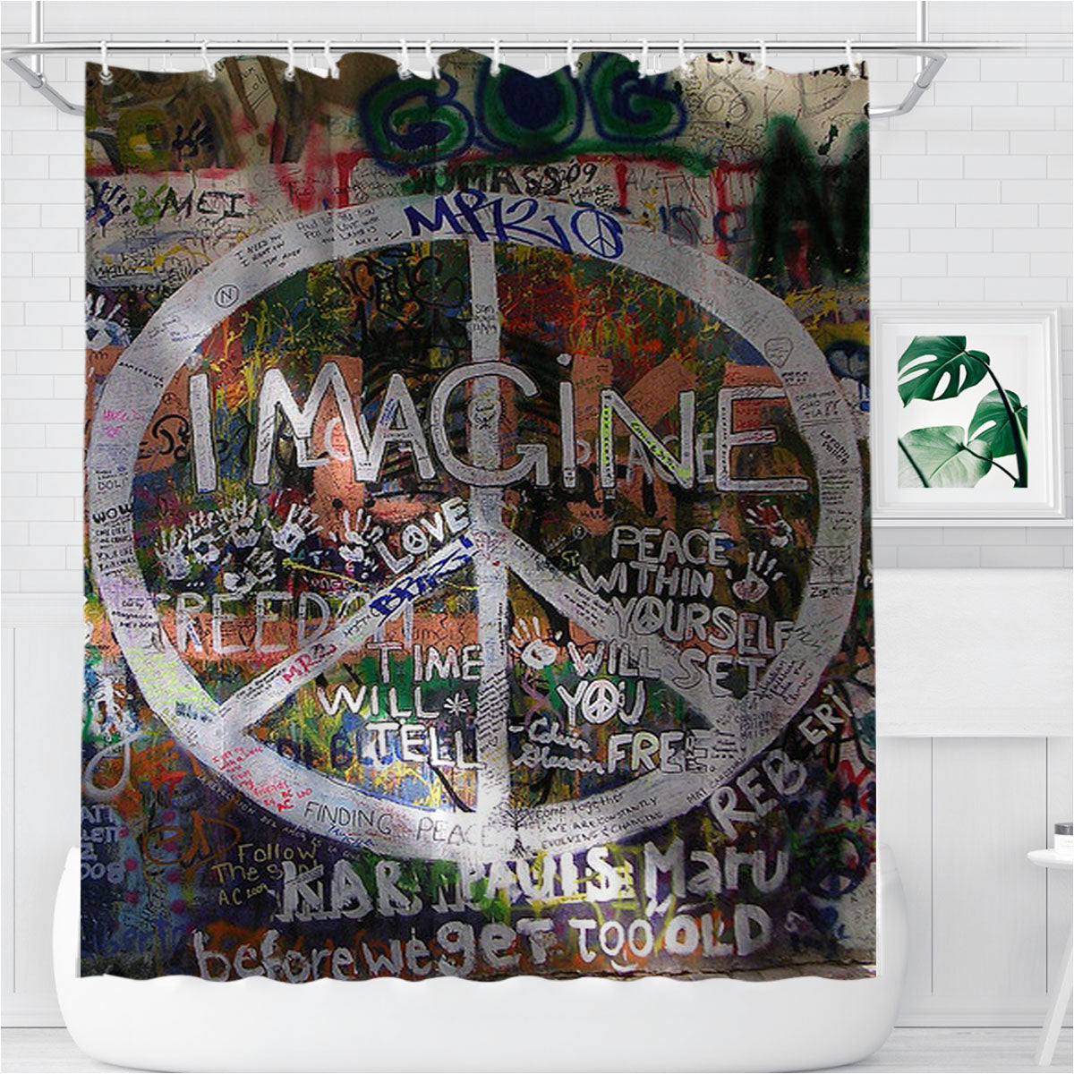Peace Sign Graffiti Bathroom Shower Curtain Fabric Waterproof | 66 X 72 Inch