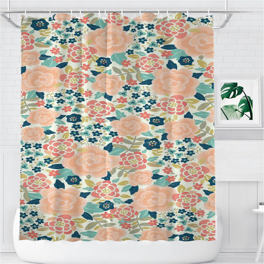 Peach And Coral Floral Fabric Bathroom Shower Curtain Fabric Waterproof | 66 X 72 Inch
