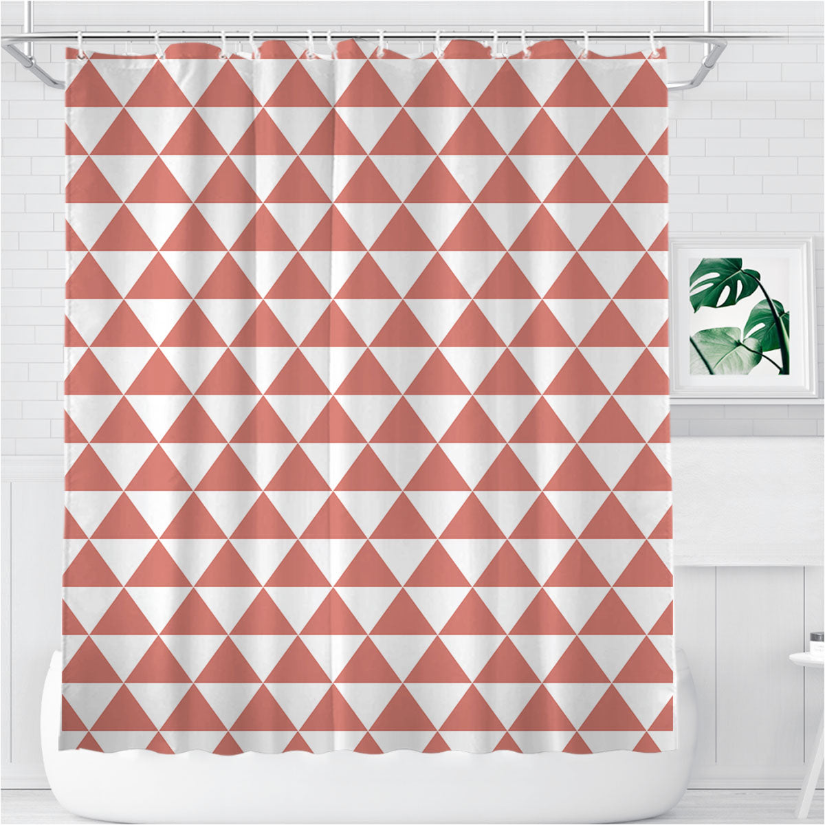 Peach And White Triangle Shape Pattern Geometric Bathroom Shower Curtain Fabric Waterproof | 66 X 72 Inch