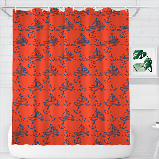 Peach Blue Sailor Ship Pattern Bathroom Shower Curtain Fabric Waterproof | 66 X 72 Inch