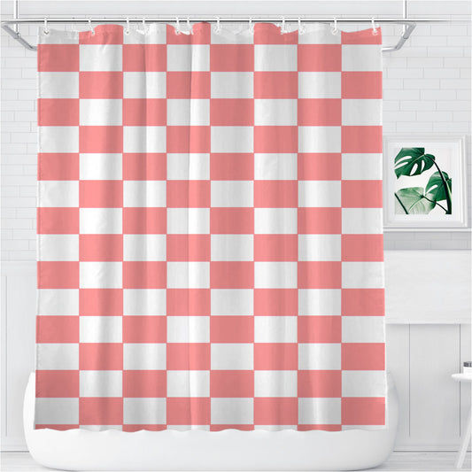 Peach Checkered Board Pattern Color Bathroom Shower Curtain Fabric Waterproof | 66 X 72 Inch