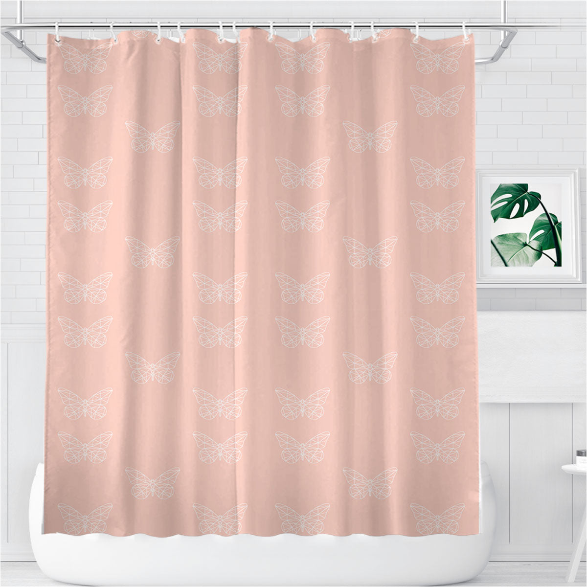 Peach White Geometric Butterfly Pattern Bathroom Shower Curtain Fabric Waterproof | 66 X 72 Inch