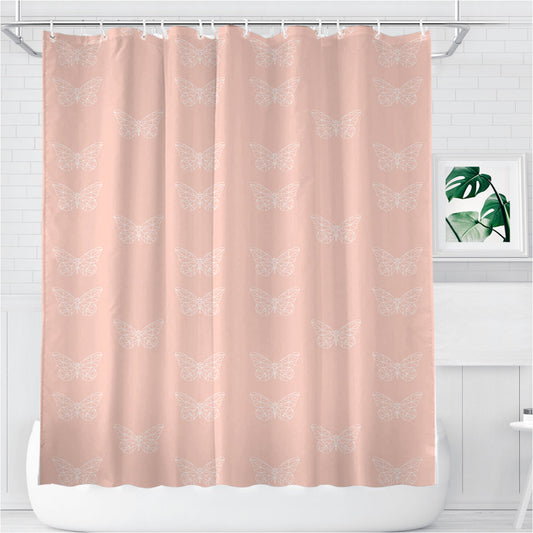 Personalized Peach White Geometric Butterfly Pattern Shower Curtain Farmhouse Bathroom Decor