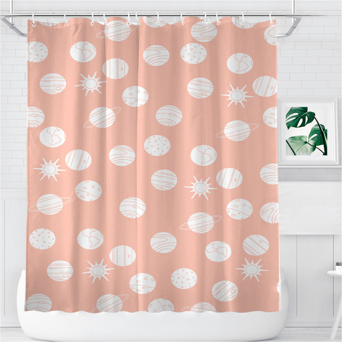Peach White Planet Pattern Doodle Art Bathroom Shower Curtain Fabric Waterproof | 66 X 72 Inch