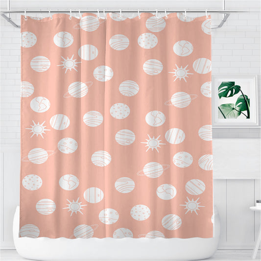 Personalized Peach White Planet Pattern Doodle Art Shower Curtain Farmhouse Bathroom Decor