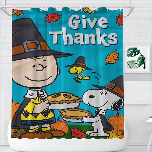 Peanuts Charlie Brown And Snoopy Thanksgiving Bathroom Shower Curtain Fabric Waterproof