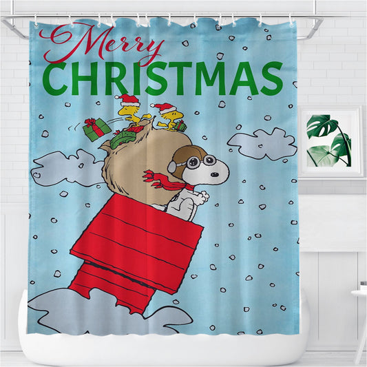 Peanuts Merry Christmas Snoopy Sleigh Bathroom Shower Curtain Fabric Waterproof