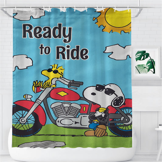 Peanuts Motorcycle Joe Snoopy Ready To Ride Bathroom Shower Curtain Fabric Waterproof