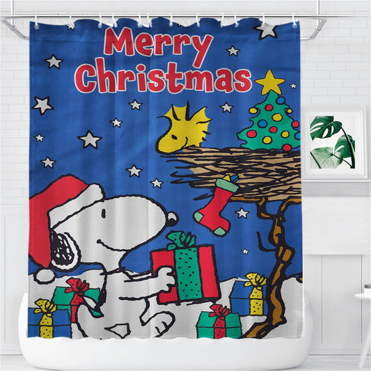 Personalized Peanuts Snoopy And Woodstock Christmas 2 Shower Curtain Farmhouse Bathroom Decor