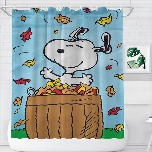 Peanuts Snoopy Basket Of Leaves Bathroom Shower Curtain Fabric Waterproof