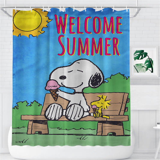Personalized Peanuts Welcome Summer Snoopy & Woodstock Shower Curtain Farmhouse Bathroom Decor