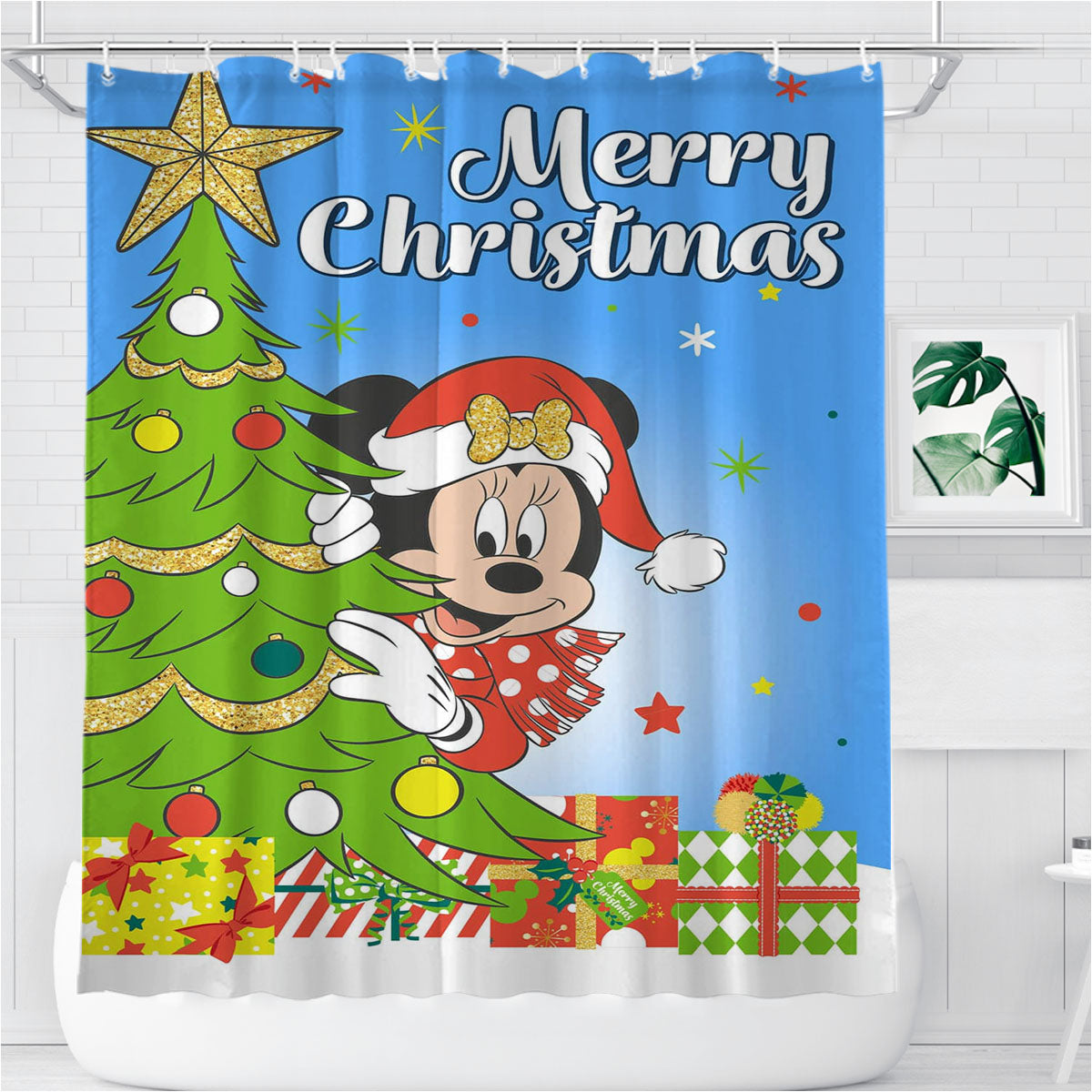 Peek-A-Boo Christmas Minnie Bathroom Shower Curtain Fabric Waterproof | 66 X 72 Inch