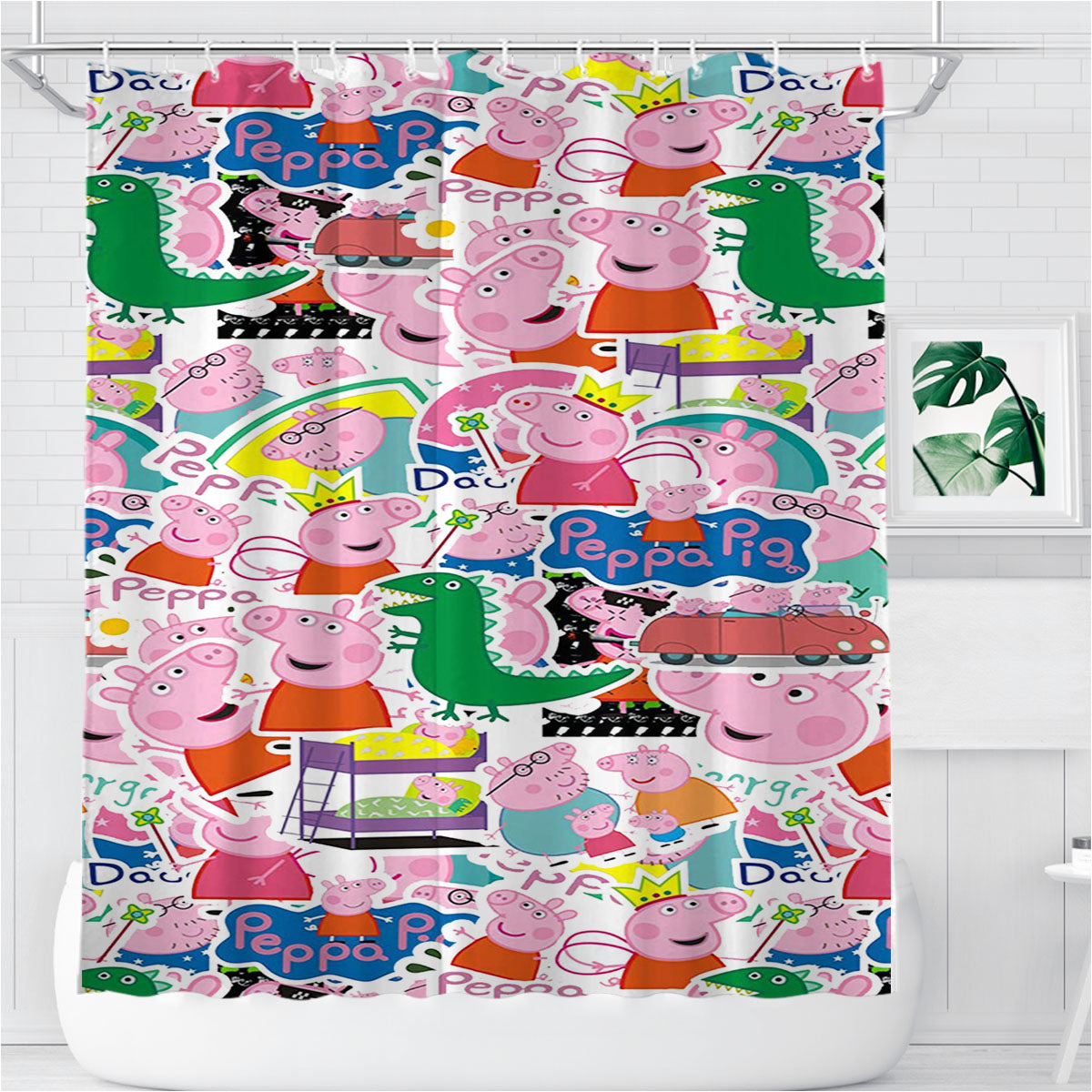Peppa Pig Green Dinosaur Sticker Collection Bathroom Shower Curtain Fabric Waterproof | 66 X 72 Inch