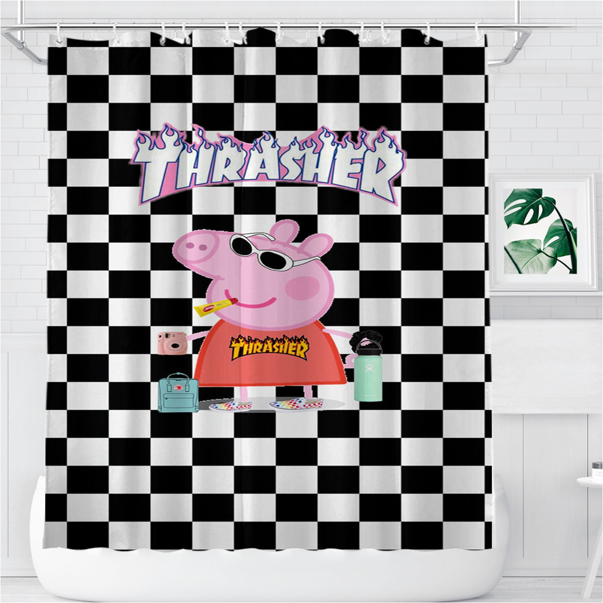 Peppa Pig Hypebeast Checkered Rainbow Bathroom Shower Curtain Fabric Waterproof | 66 X 72 Inch