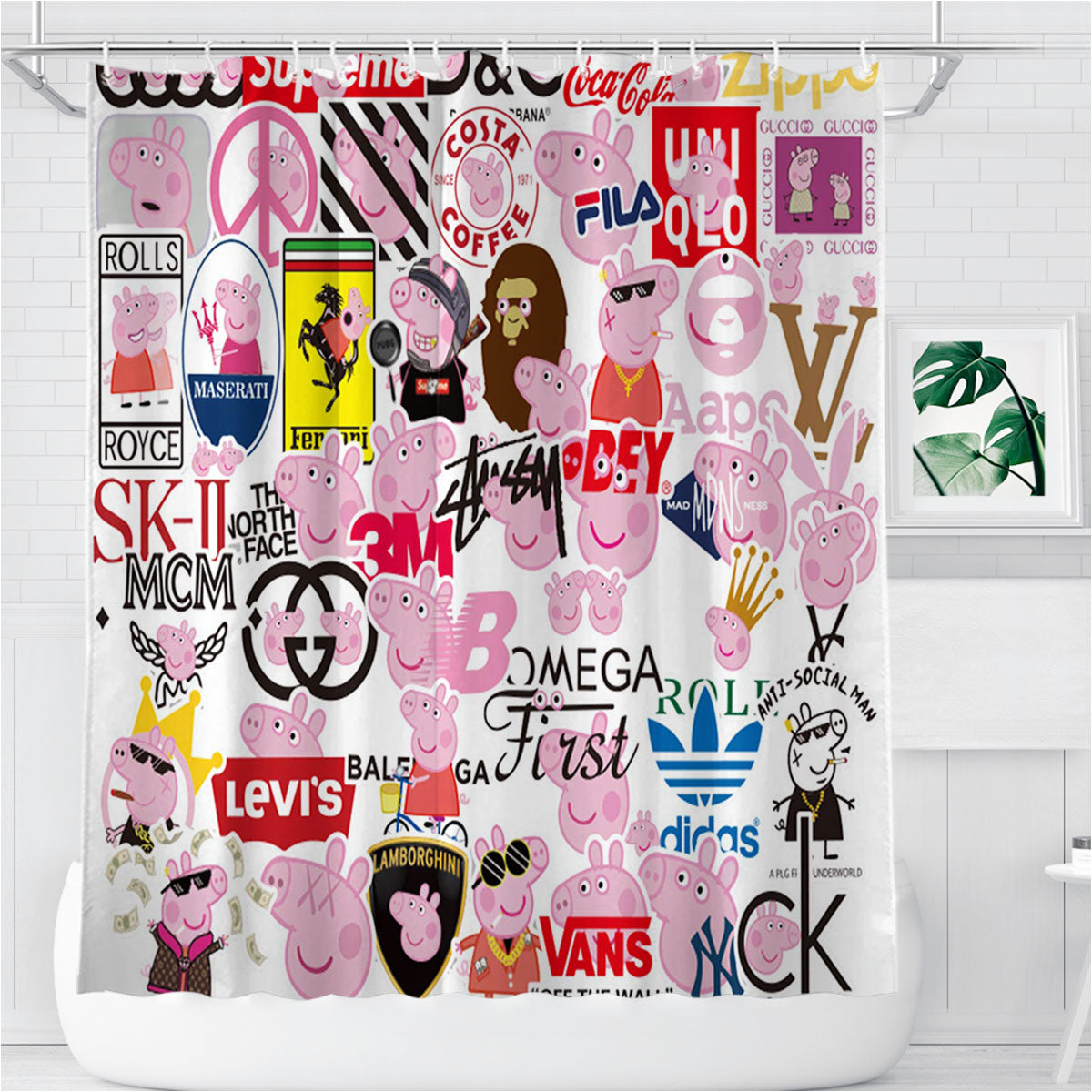 Peppa Pig Sticker Collection Bathroom Shower Curtain Fabric Waterproof | 66 X 72 Inch