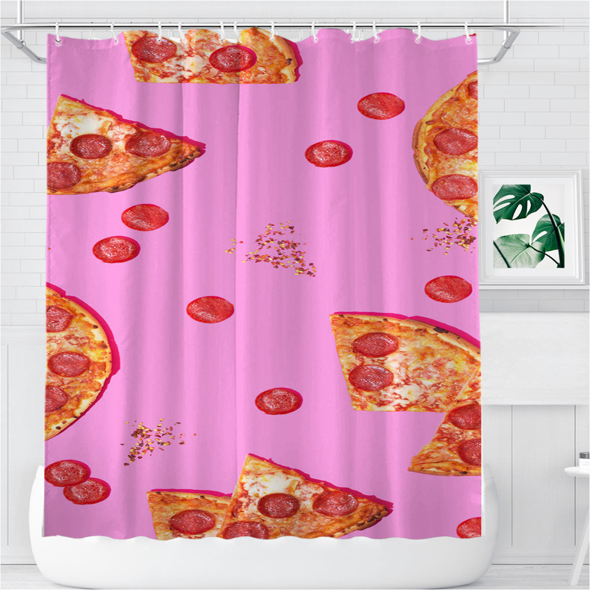 Pepperoni Lovers Pizza Pattern Bathroom Shower Curtain Fabric Waterproof | 66 X 72 Inch