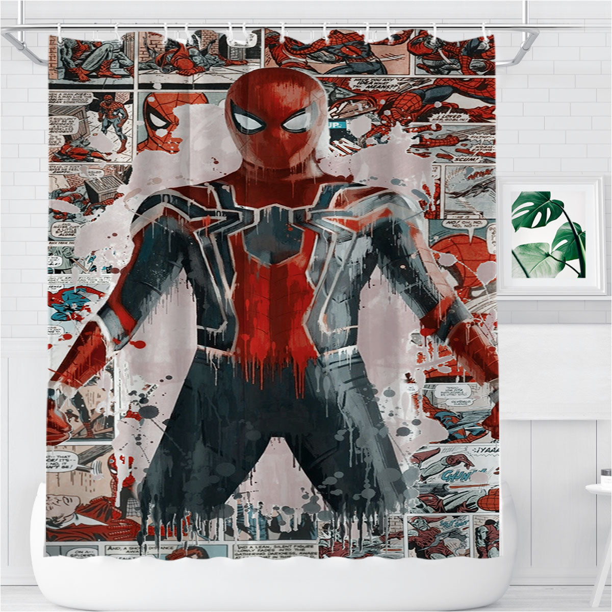 Peter Spiderman Comic Painting Artwork Wallpaper Bathroom Shower Curtain Fabric Waterproof | 66 X 72 Inch